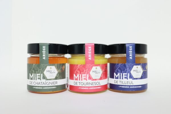 Coffret ariégeois de 3 miels français artisanaux récoltés et mis en pot par l'apicultrice