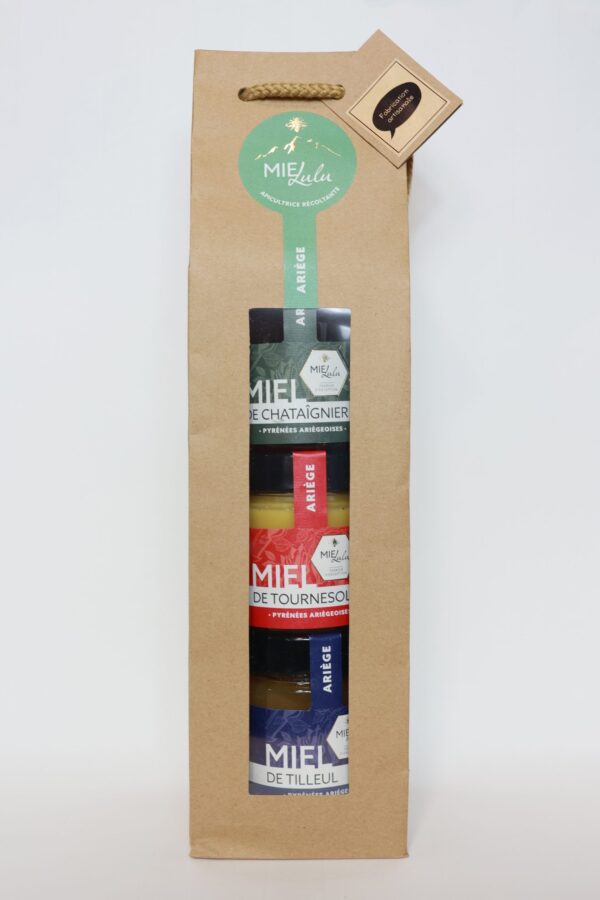 Coffret ariégeois de 3 miels français artisanaux récoltés et mis en pot par l'apicultrice