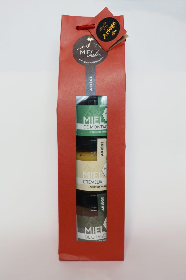 Coffret ariégeois de 3 miels français artisanaux récoltés et mis en pot par l'apicultrice : montagne, crémeux et montagne.