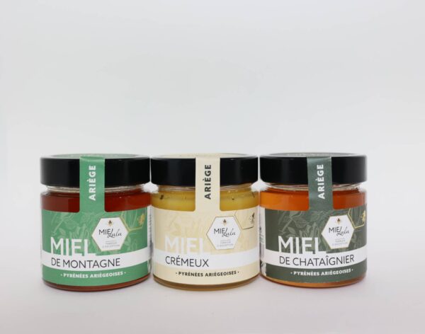 Coffret ariégeois de miels français artisanaux récoltés et mis en pot par l'apicultrice
